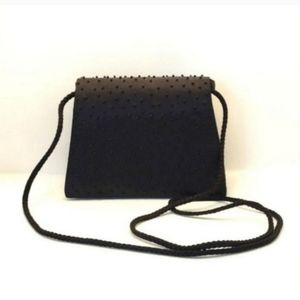 Small black satin beaded clutch handbag shoulder bag